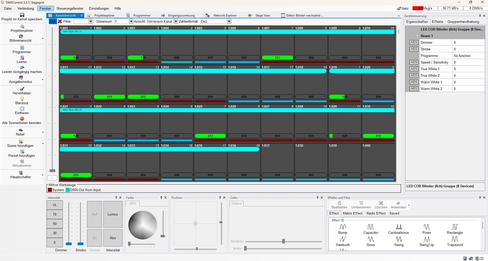 DMXControl Lichtsteuerung mit eingerichteten Gerätegruppen und DMX-Kanälen für Veranstaltungstechnik